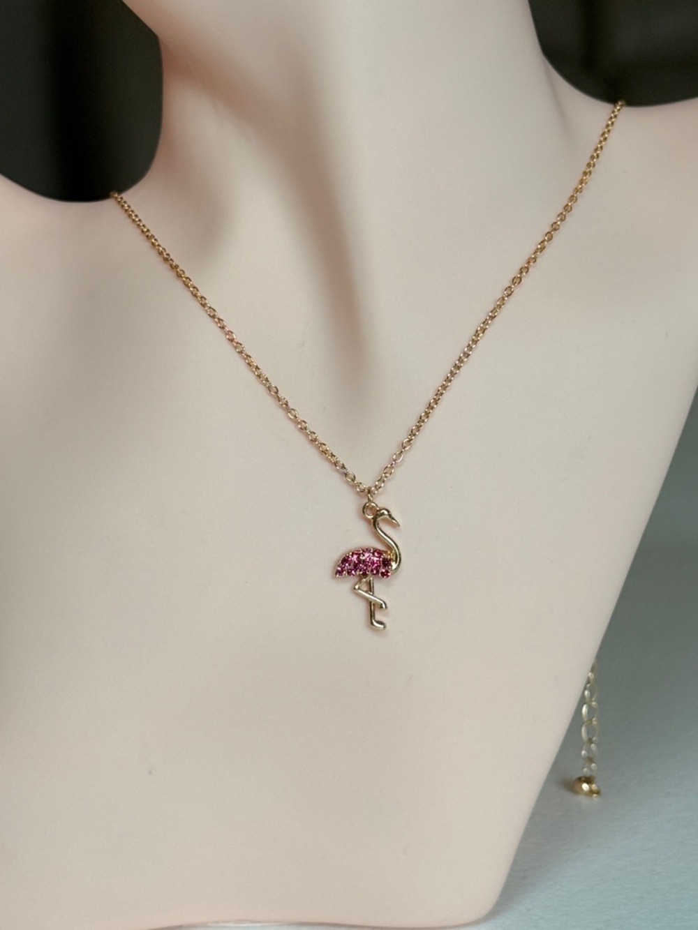 Gold Flamingo Pendant Necklace with Pink Crystal Accent